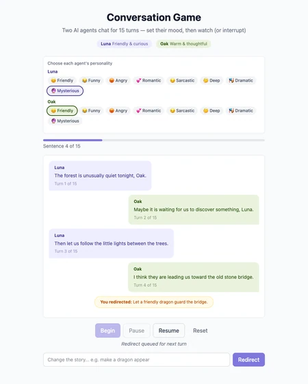 Multi-agent conversation interface with character moods, sample dialogue, and story controls