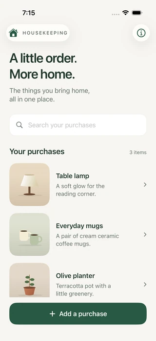 Offline iPhone inventory preview with search and sample household items